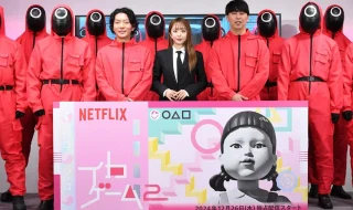 【写真】Netflixシリーズ「イカゲーム」シーズン2 ピンクガード日本出陣式イベント ニューヨーク(屋敷裕政、嶋佐和也)、大木美里亜／ピンクガード